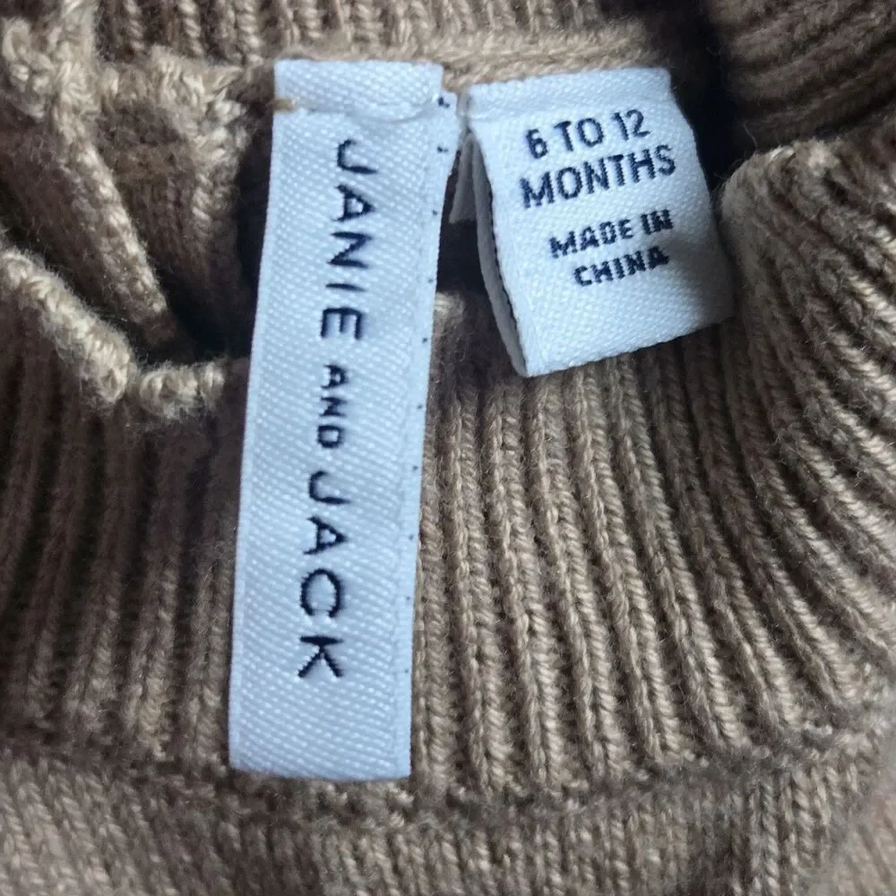 Janie and Jack Sweater 6-12M Tan Beige Cable Knit Floral Rose Mock Neck Puff Slv